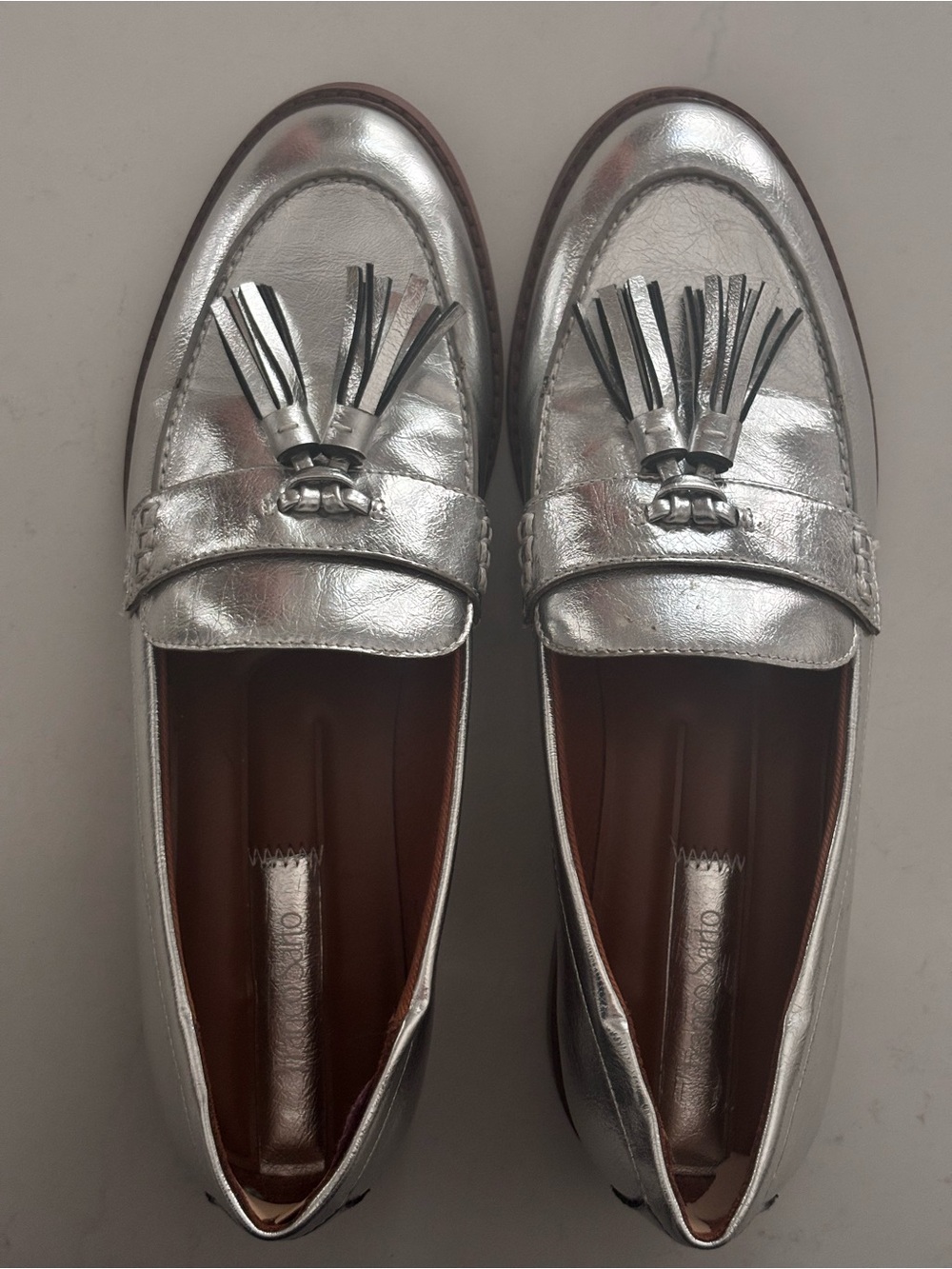 Franco Sarto Metallic Silver Tassel Loafers Size 10 Womens